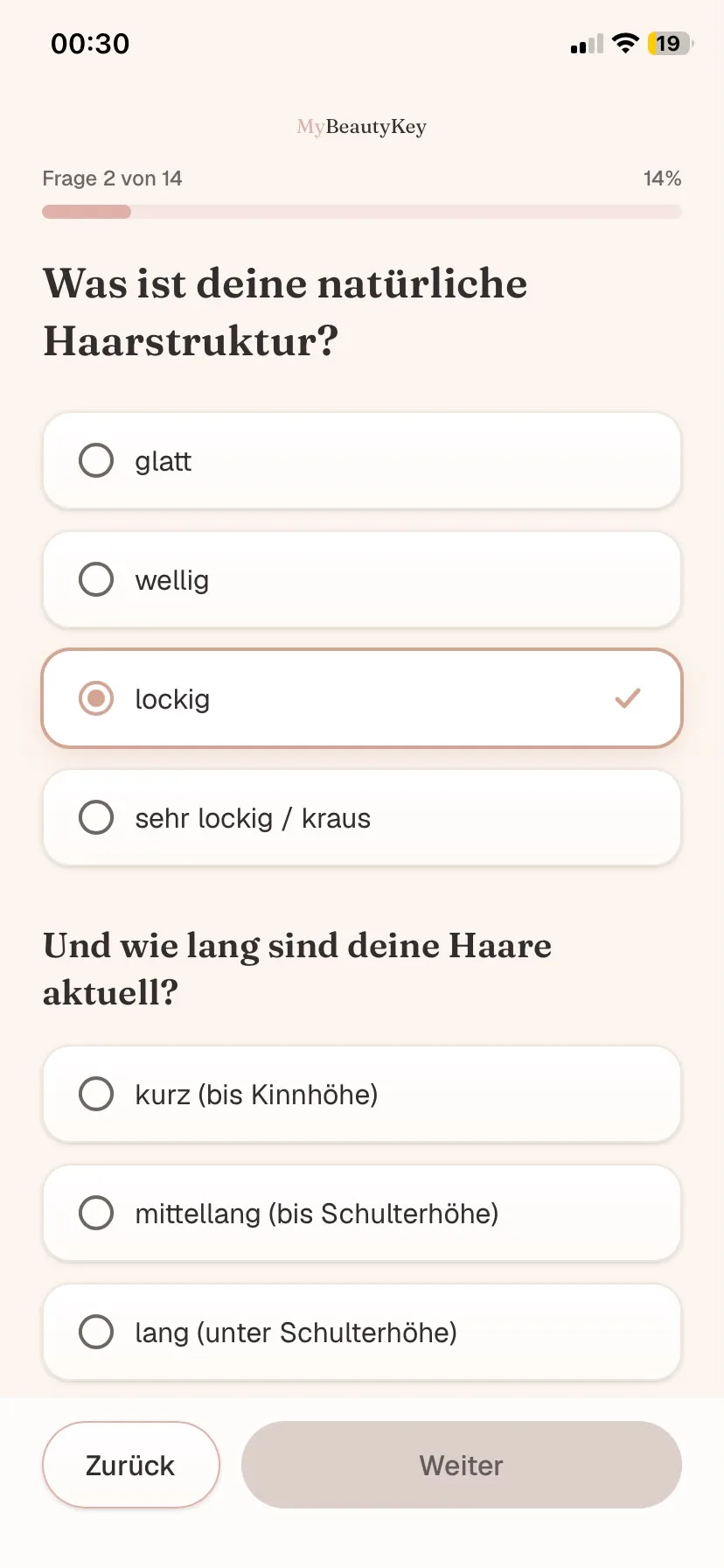 Fragebogen-Frage 2 im mobilen Portal — Haarstruktur und Länge