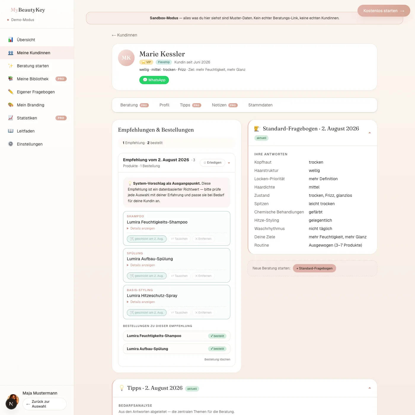 Kundinnen-Detail im Portal — Empfehlungen, Fragebogen, Tipps